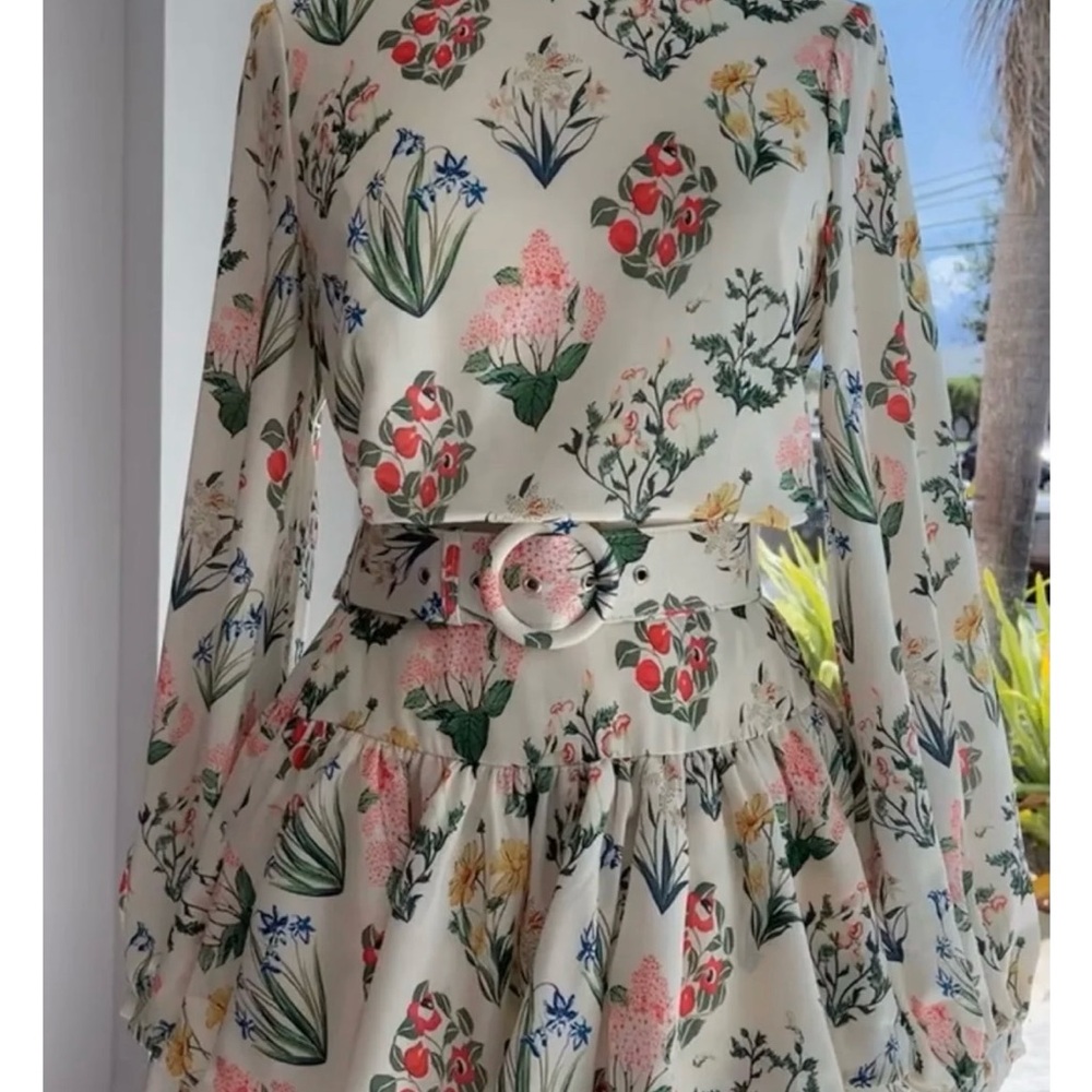 Floral Long Sleeve Blouse and Skirt Set with Belt